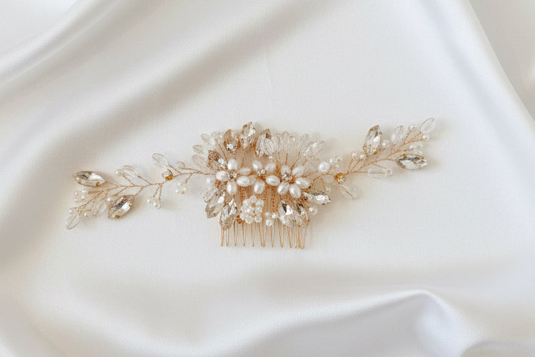 Peigne floral perles nacrée doré