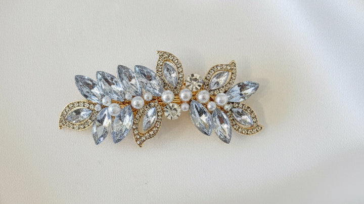 Barrette feuillage doré et perles nacrées