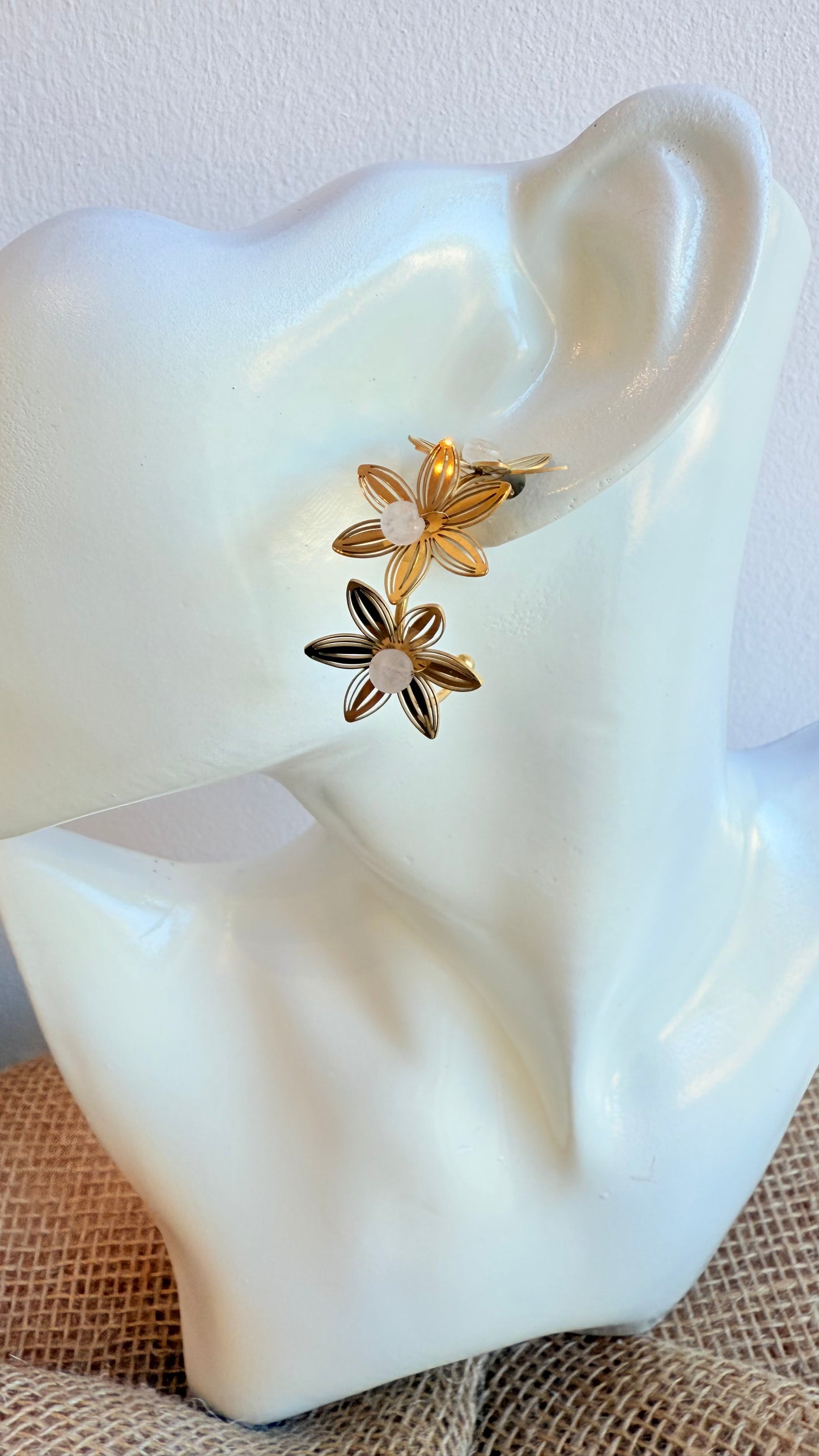 Créoles dorées fleurs ajourées et perles blanches