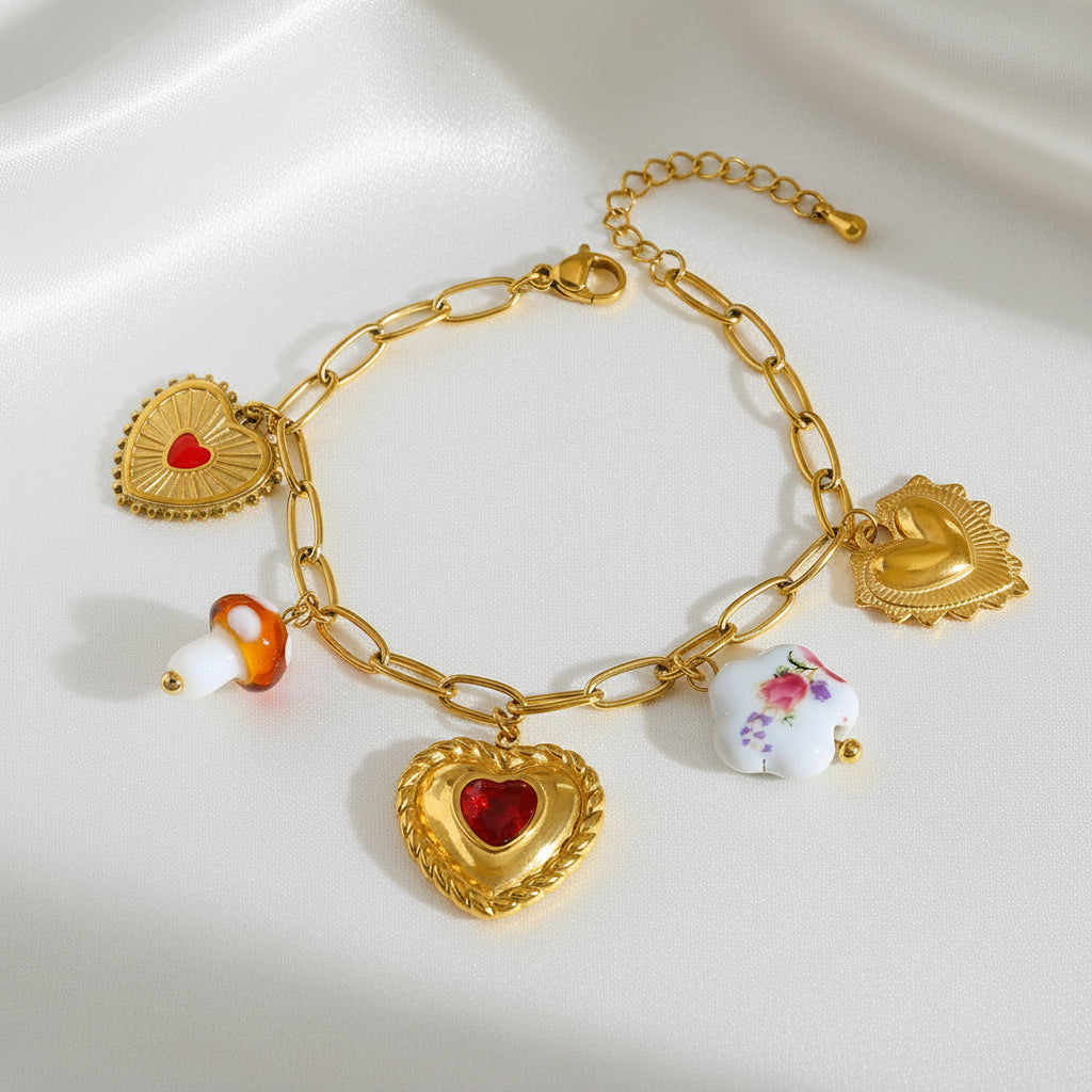 Bracelet à charms cœurs & fleurs