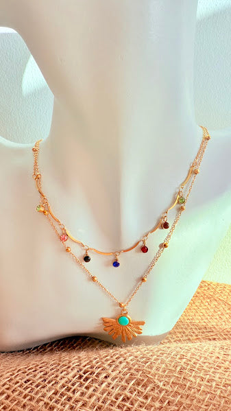 Collier double rang doré strass colorés et pendentif turquoise