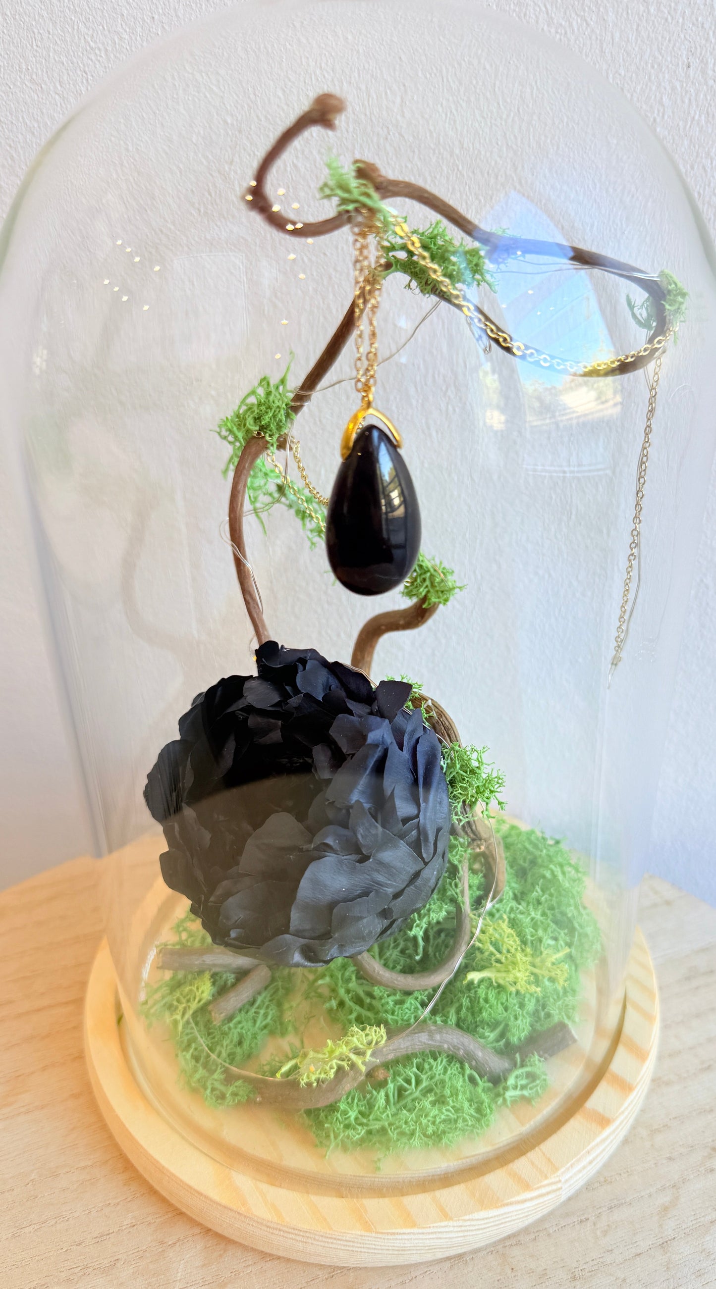 Cloche florale noire & Obsidienne naturelle