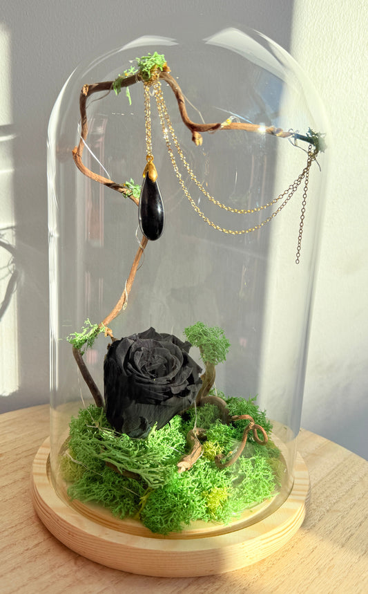 Cloche florale noire & Obsidienne naturelle