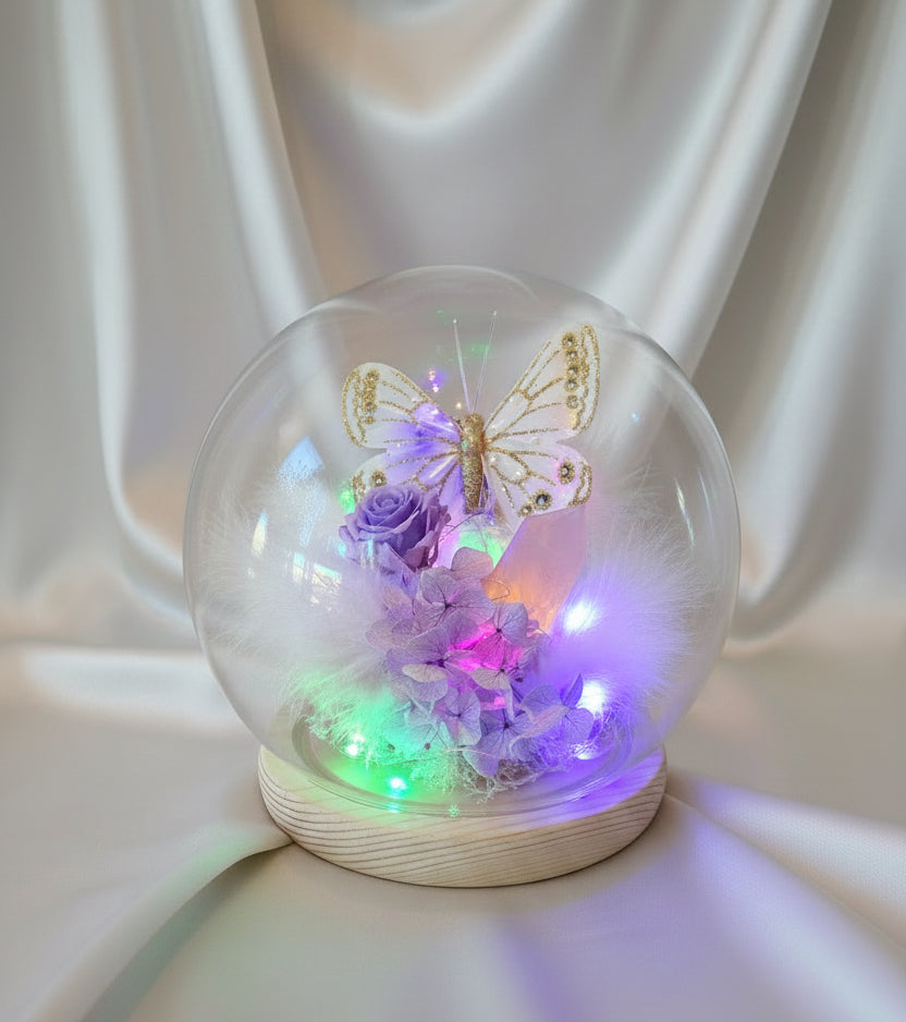 Cloche florale éternelle – Quartz rose & Papillon