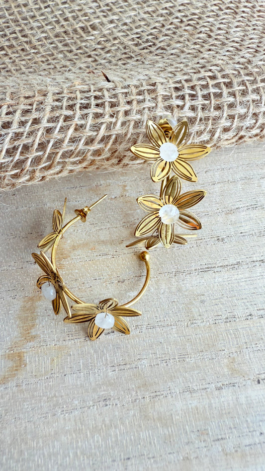 Créoles dorées fleurs ajourées et perles blanches