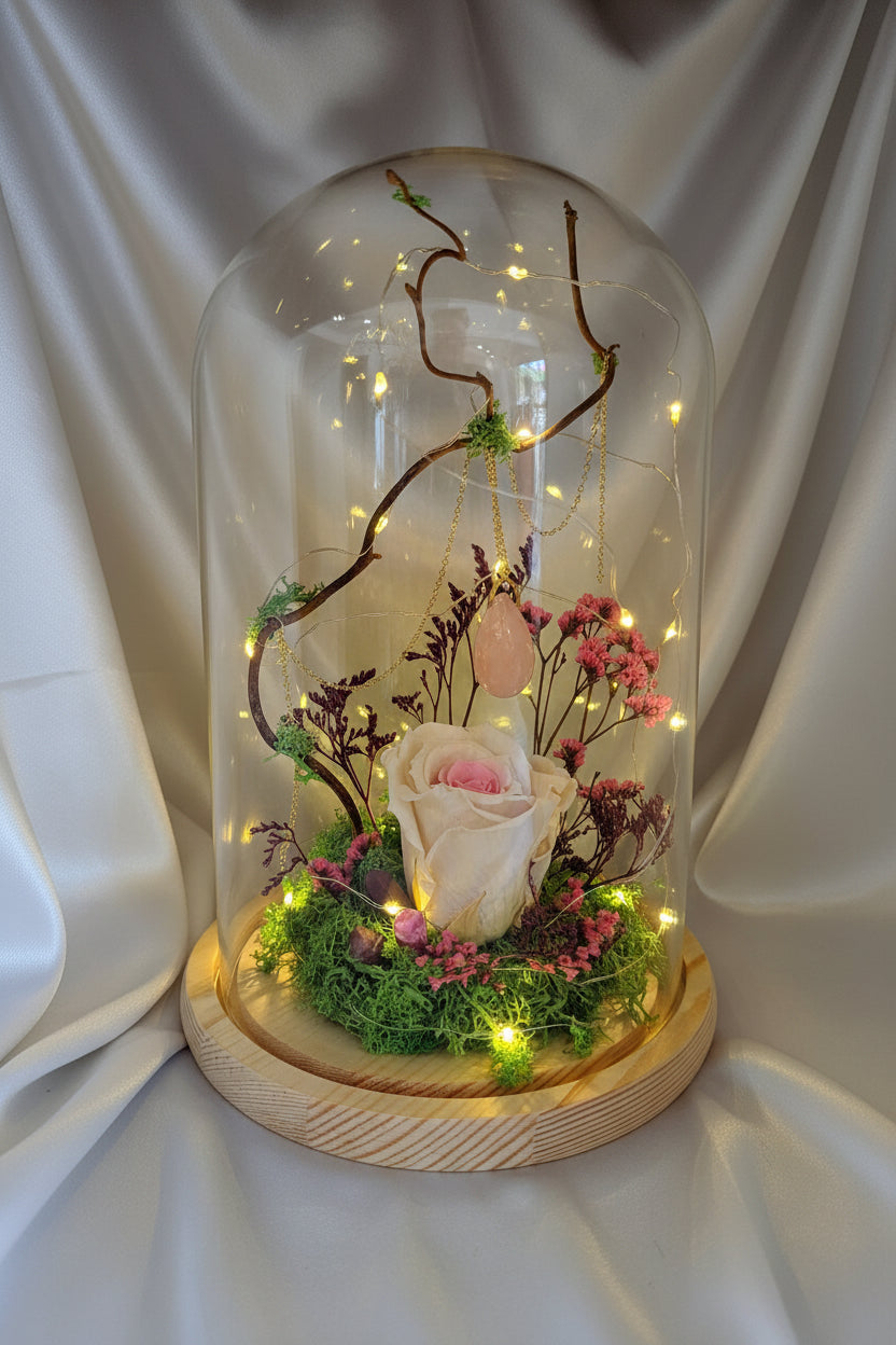 Cloche florale lumineuse – Quartz rose & Améthyste