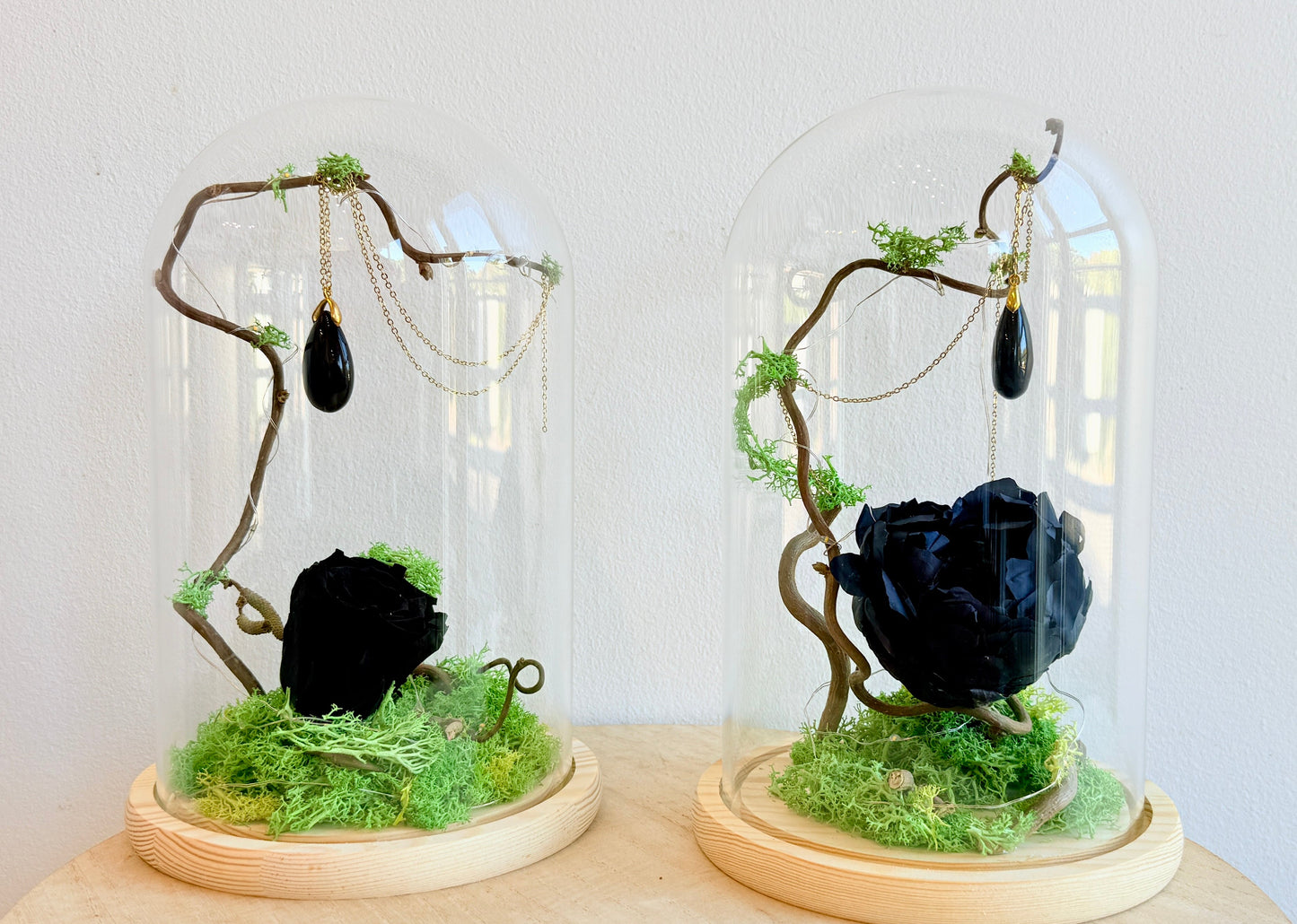 Cloche florale noire & Obsidienne naturelle