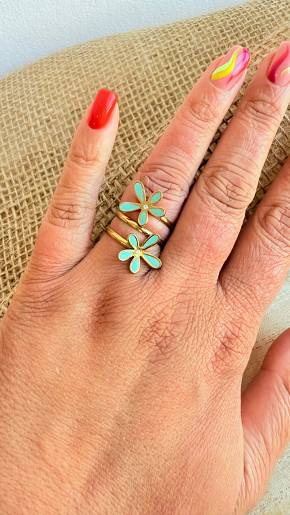 Bague fleurs turquoise dorée et strass