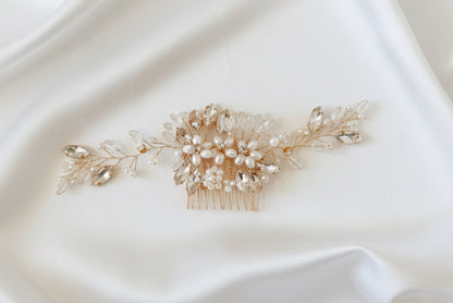 Peigne floral perles nacrée doré