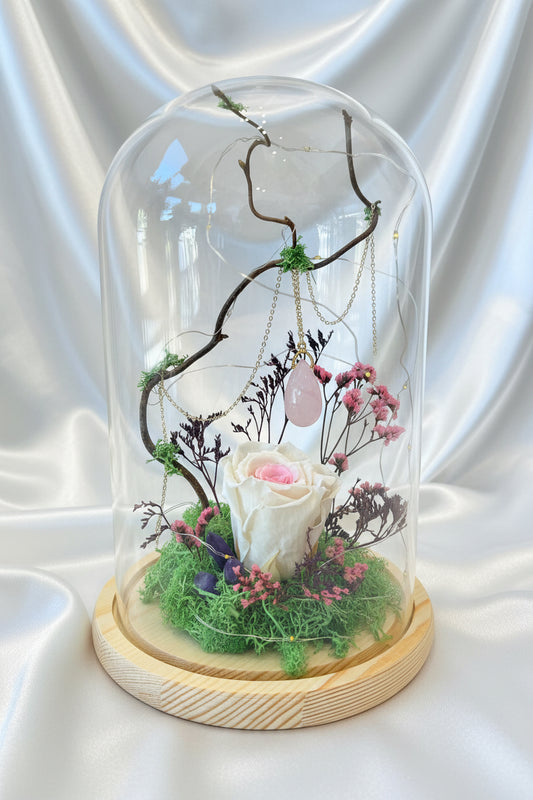 Cloche florale lumineuse – Quartz rose & Améthyste
