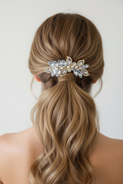 Barrette feuillage doré et perles nacrées