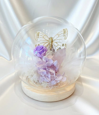 Cloche florale éternelle – Quartz rose & Papillon