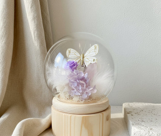 Cloche florale éternelle – Quartz rose & Papillon