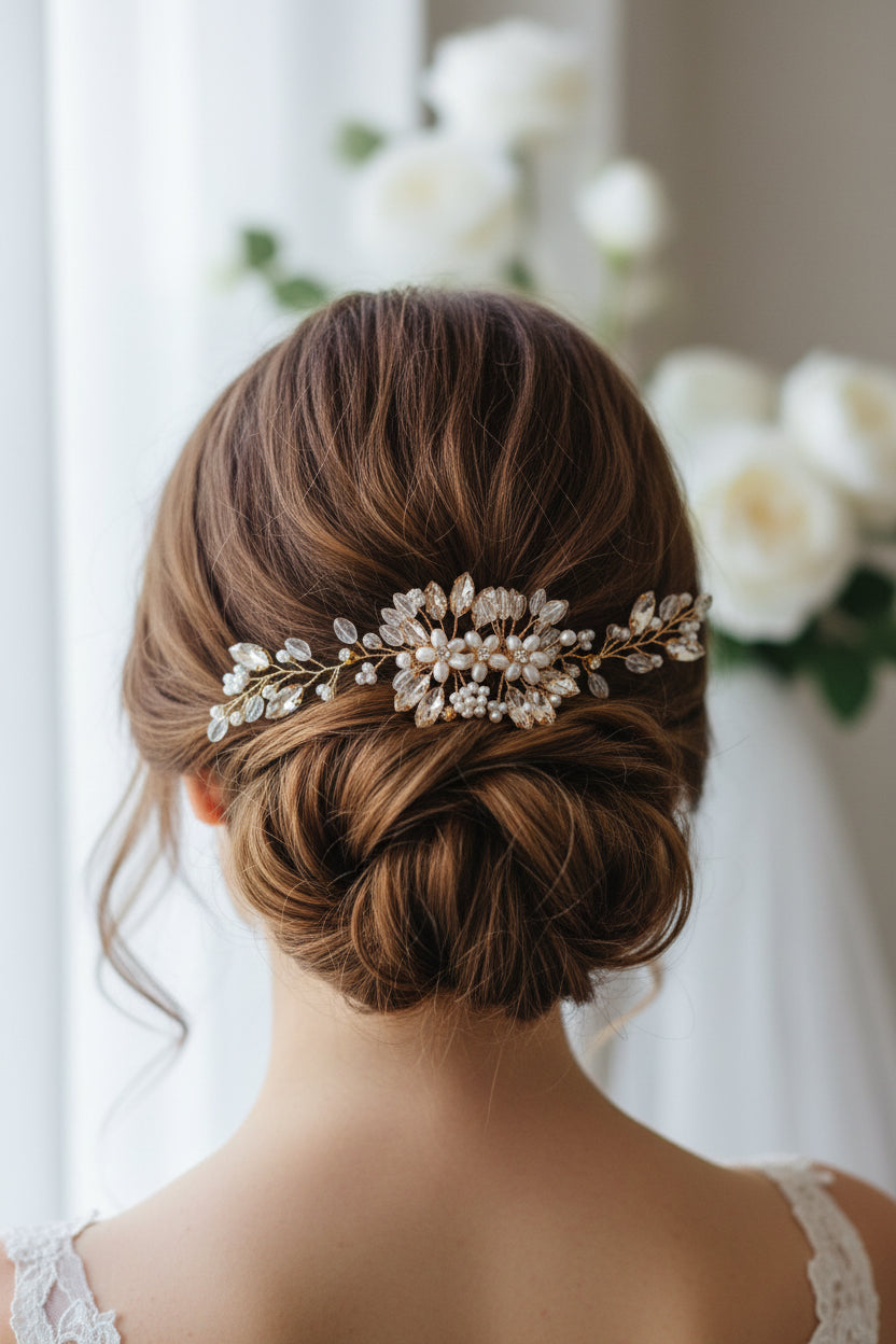 Peigne floral perles nacrée doré