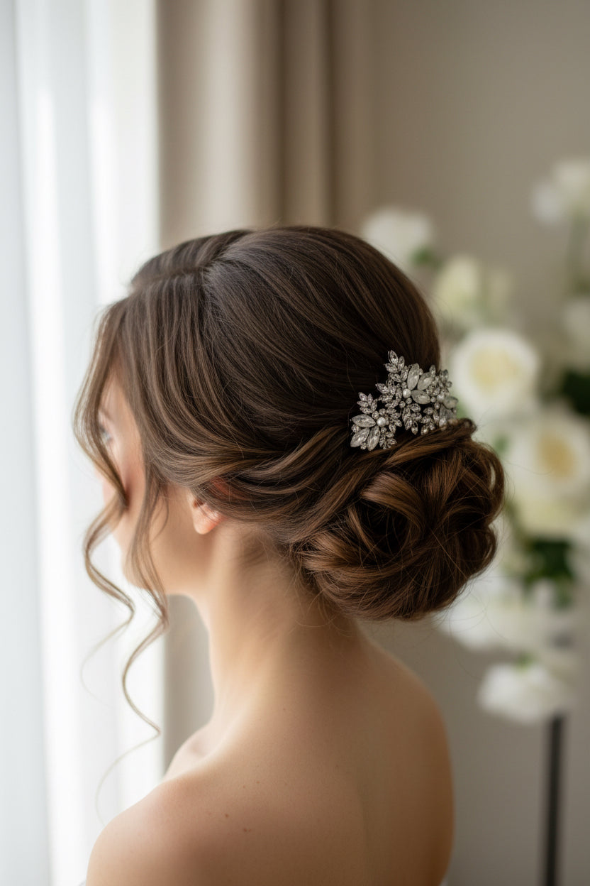 Peigne à cheveux argenté avec strass et perles