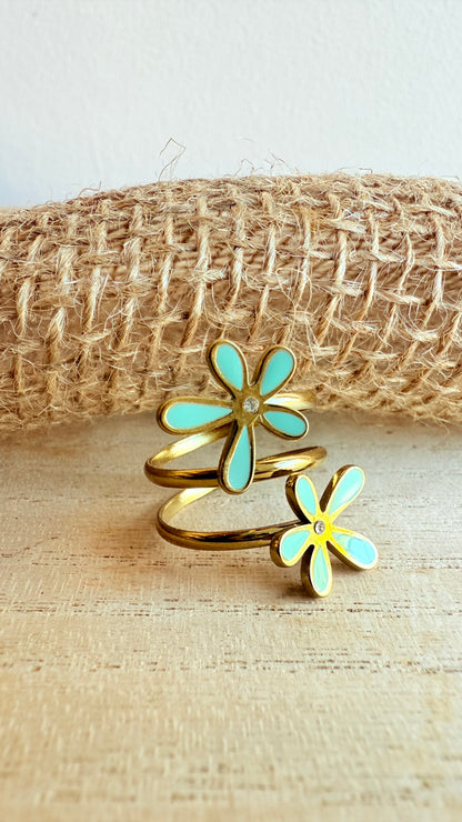 Bague fleurs turquoise dorée et strass