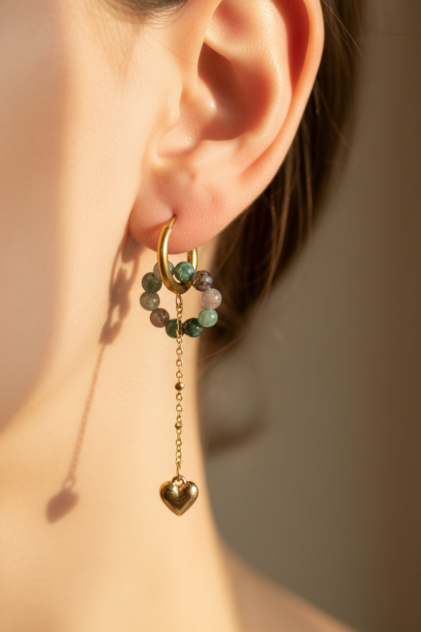 Boucles d’oreilles Agate indienne & cœur doré