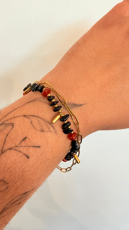 Bracelet Cornaline & Obsidienne – Chaîne dorée