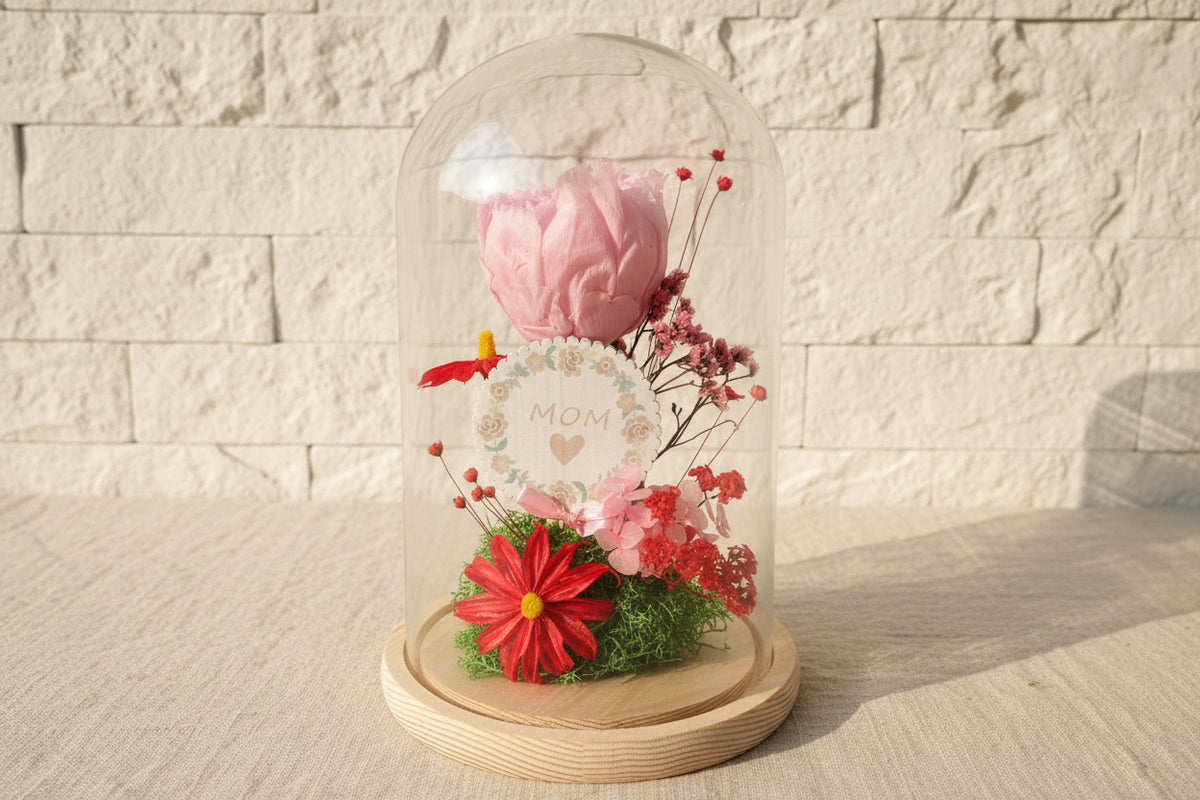 Maxi cloche « MOM » Pivoine stabilisée rose