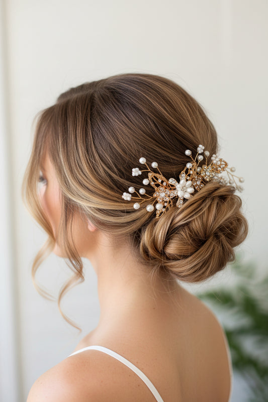 Peigne cheveux doré perles blanches et strass