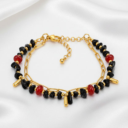 Bracelet Cornaline & Obsidienne – Chaîne dorée
