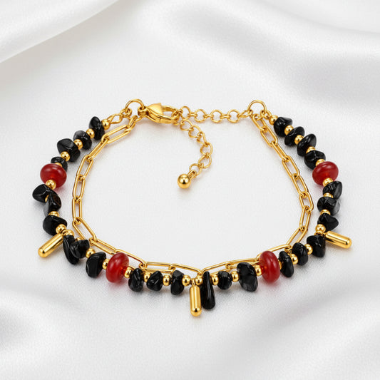 Bracelet Cornaline & Obsidienne – Chaîne dorée