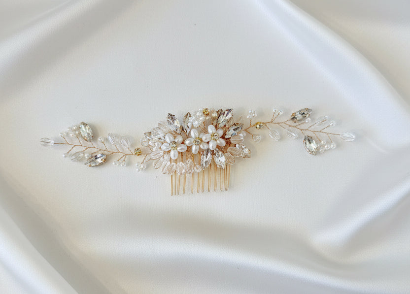Peigne à cheveux doré fleurs et perles