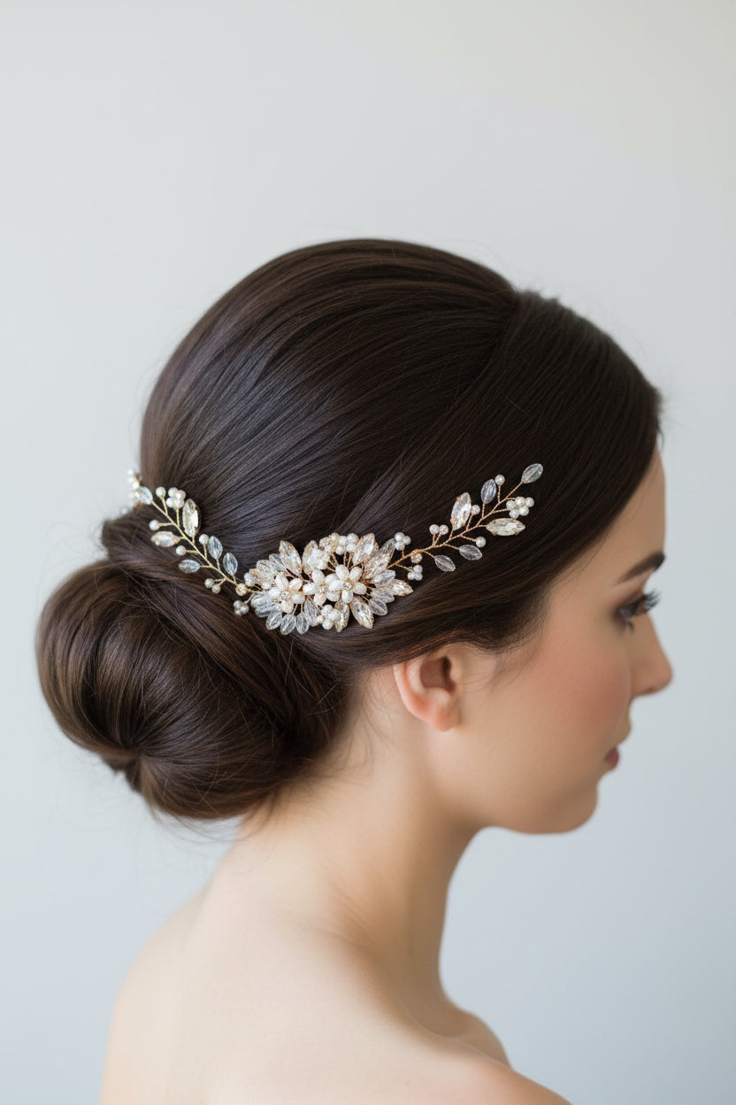 Peigne à cheveux doré fleurs et perles
