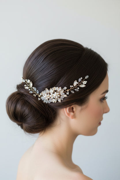 Peigne à cheveux doré fleurs et perles