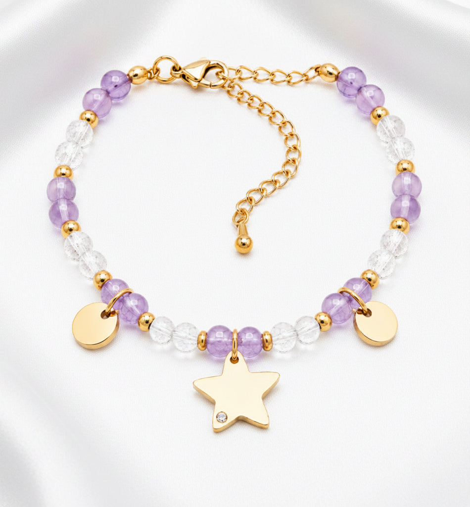 Bracelet Améthyste & Cristal de roche – Étoile dorée
