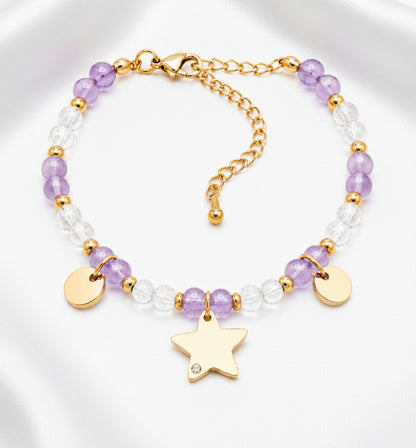Bracelet Améthyste & Cristal de roche – Étoile dorée