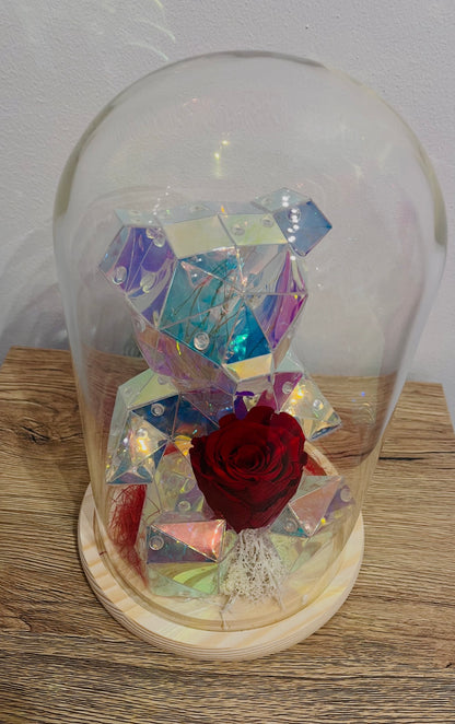 Ourson lumineux & rose éternelle sous cloche