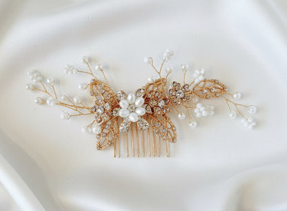 Peigne cheveux doré perles blanches et strass