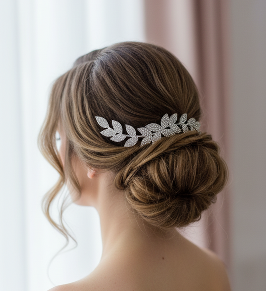 Peigne cheveux argenté feuillage strass