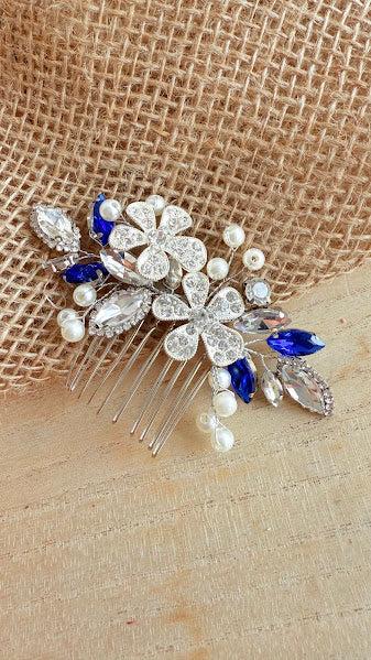 Peigne cheveux fleuri avec strass et perles bleues