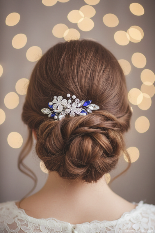Peigne cheveux fleuri avec strass et perles bleues