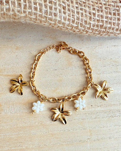 Bracelet doré fleurs blanches et dorées